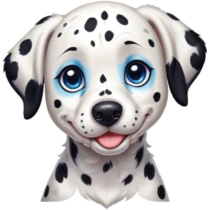 Cinematic Cute Spotted Dalmatian Portrait Emoji, Head tilted playfully and inquisitively, featuring a glossy Fur of predominantly white with dynamic black patches, round, sparkling blue eyes filled with gentle curiosity, Simplified yet irresistibly adorable features, highly detailed, glowing with a warm, friendly glow, high shine, affectionate and gentle, stylized with a touch of whimsy, bright and endearing, soft glowing outline, capturing the essence of a mischievous yet loving pup, so playful it feels like it could lumber out of the screen and into your arms! emoji