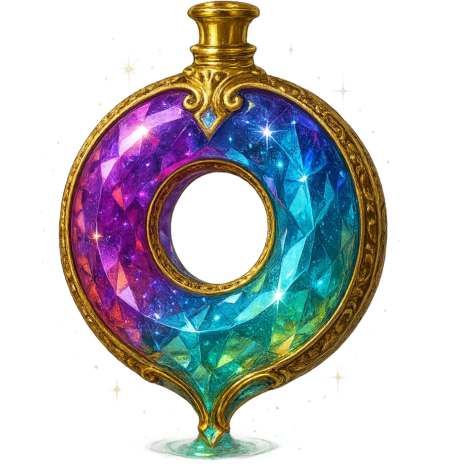 luxurious crystal elixir bottle shaped like a donut, beautiful, coated with colorful glaze, sprinkled with sparkles, lots of shine, edges, ornaments, golden details, magical effects, very small golden neck, transparent background, beautiful merging base, clearly hanging in the air, no base or shadow, premium class impression, design matching a collection of crystal, luxurious, magical bottles emoji