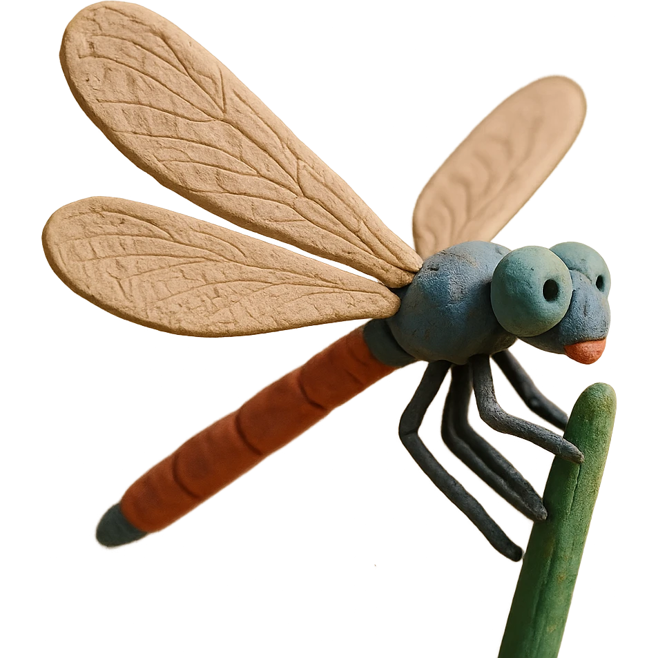 claymation style close-up of a dragonfly on a reed, detailed wings, gentle background emoji