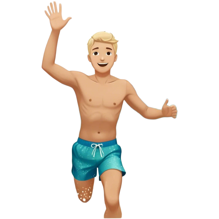 A white man running into the ocean with arms wide open, embracing the waves and the moment. The sun shines warmly, and the water sparkles, symbolizing the joy of creating fun and appreciating life’s simple moments. Their footprints in the sand fade as they fully immerse themselves in the present. emoji