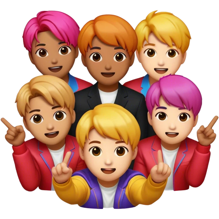 Cinematic Realistic BTS Pop Culture Emoji, featuring a dynamic, energetic portrayal of the acclaimed K-pop group rendered with vibrant textures and energetic, colorful lighting. emoji
