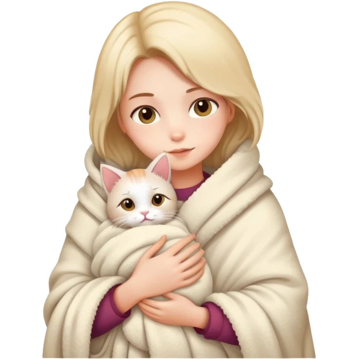 A girl wrapped in a blanket holding a cat emoji