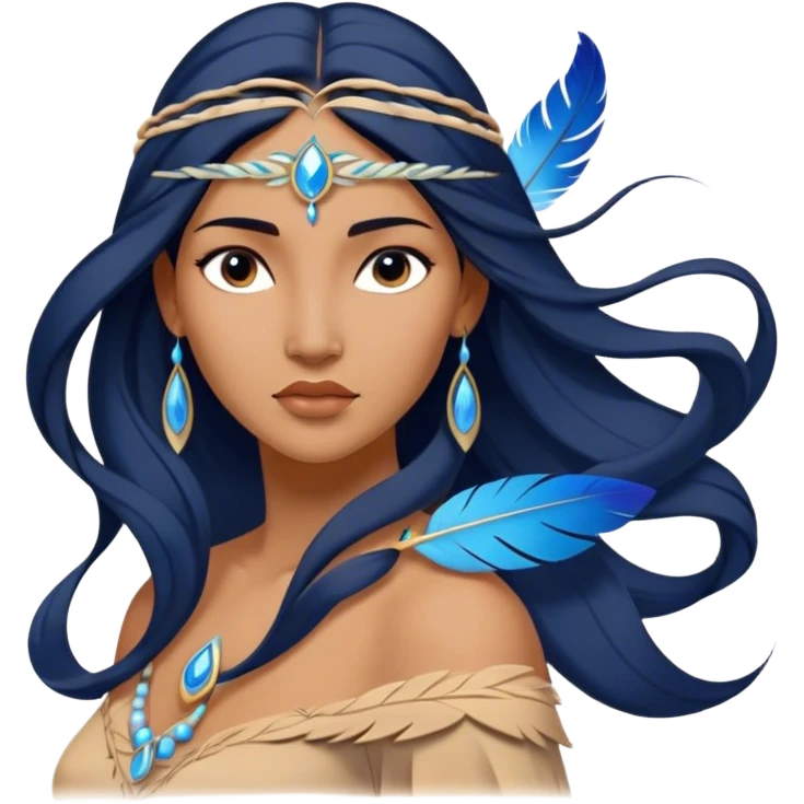 Cinematic Elegant Pocahontas Portrait Emoji, Standing serenely with a blue wind swirl around her, soft feathers in her hair, a tranquil yet powerful gaze, beauty beyond time, an ethereal aura of connection with nature, regal and enchanting! emoji
