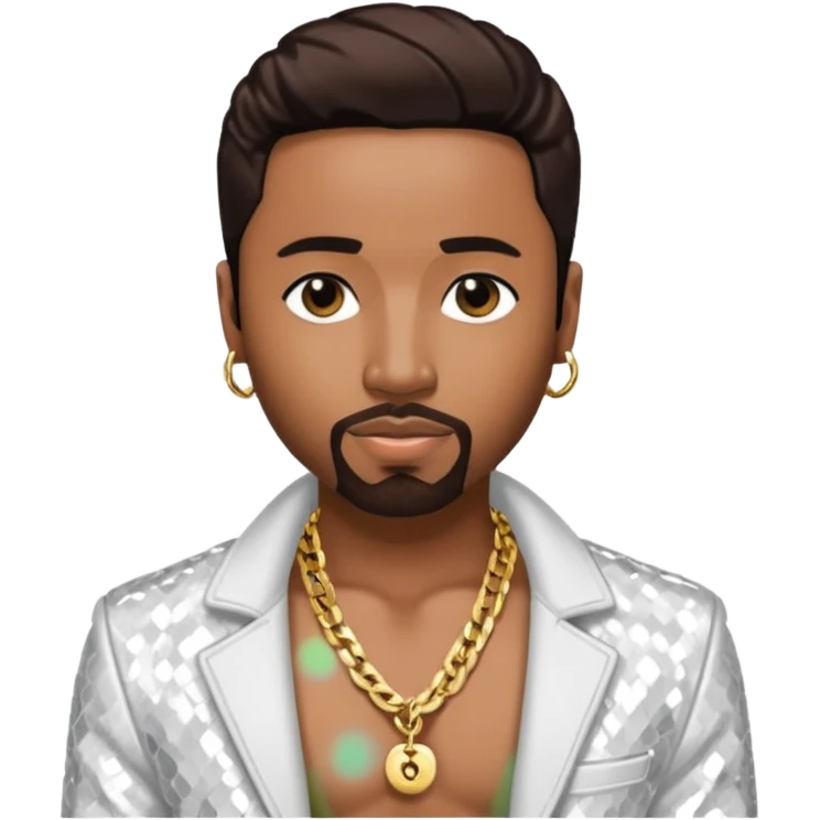 Teddy Riley with dark brown hair, white sequin jacket, shirtless with necklace emoji