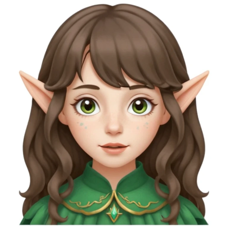 A young woman with medium length brunette wavy hair, with curtain bangs. Has pale ivory skin, rosy cheeks, and has freckles dusting the cheeks and nose. Has hazel green/gray eyes, and long elf ears. emoji
