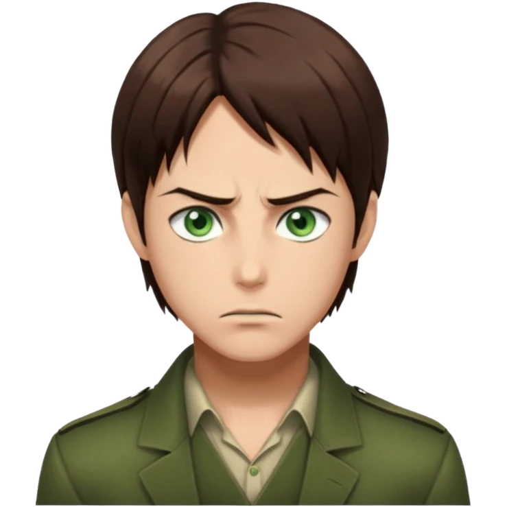 “Create an avatar that looks like Eren Yeager from Attack on Titan, Season 4 — sharp jawline, tied-back long brown hair, intense green eyes. Normal expression.  emoji