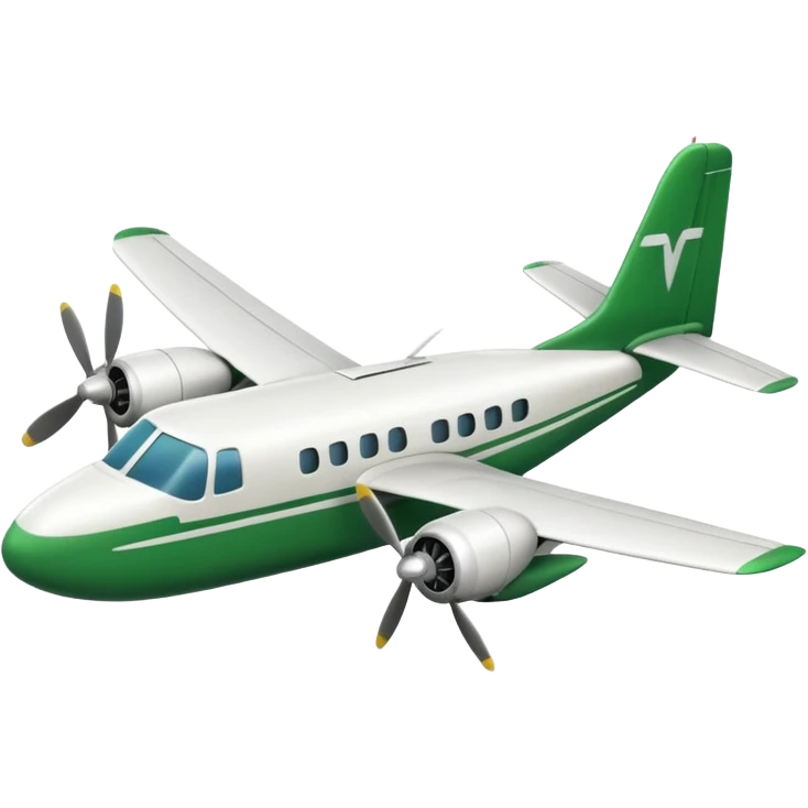 A 3D cartoon small twin-propeller airplane flying low over fields, gentle lighting, bright background, Memoji-style rendering. emoji