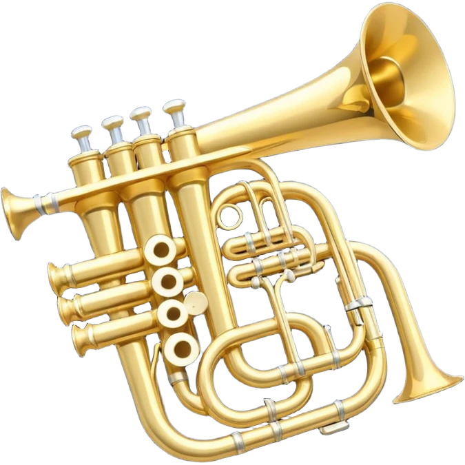 “Flat vector icon of a golden side-view trumpet with mouthpiece, bell, and three valves, thick outline, centered on a deep navy blue rounded-square (or circle); from the bell, 2–3 small white or light-blue music notes with dark outline emerge.  emoji