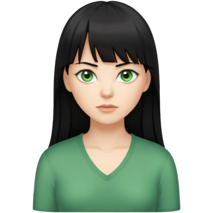 A white woman with Long straight hair with bangs, black hair, green eyes and a low-cut shirt emoji