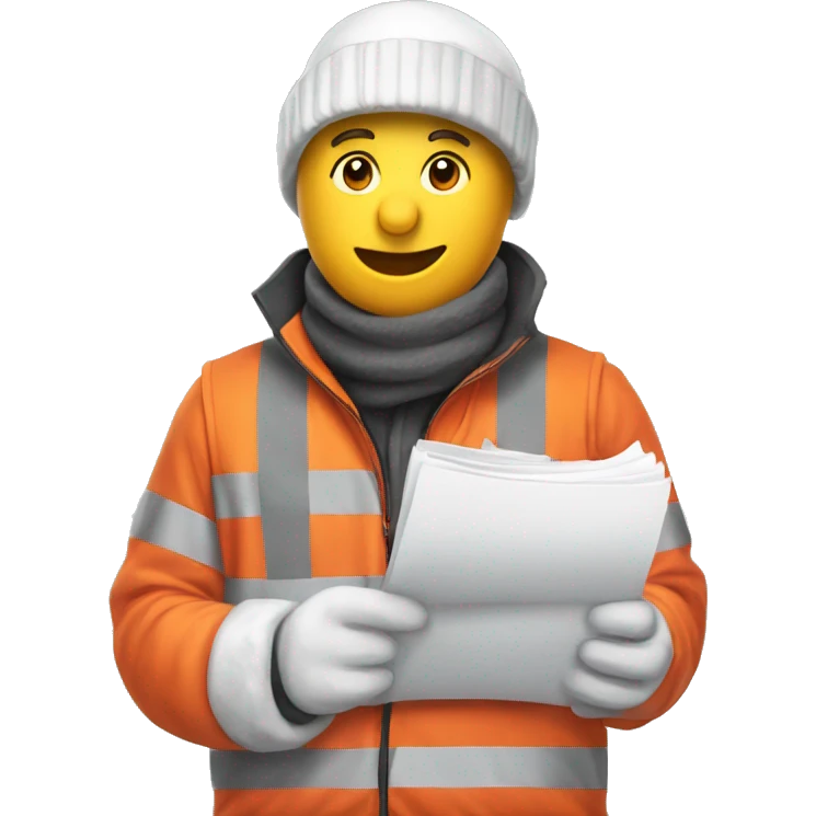 snowman holding construction documents with red shirt and orange vest emoji