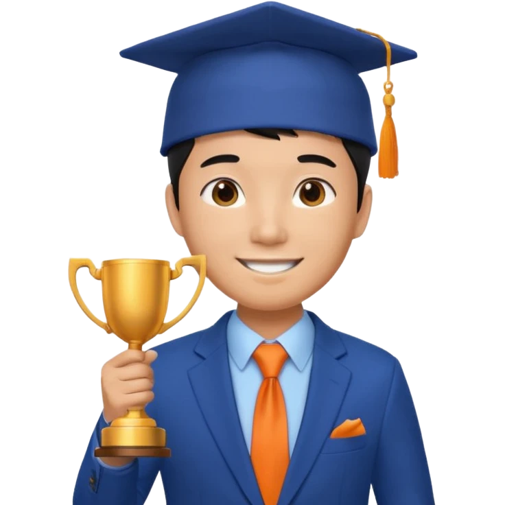 An asian man wearing student hat, blue suit and orange tie, holding a trophey emoji