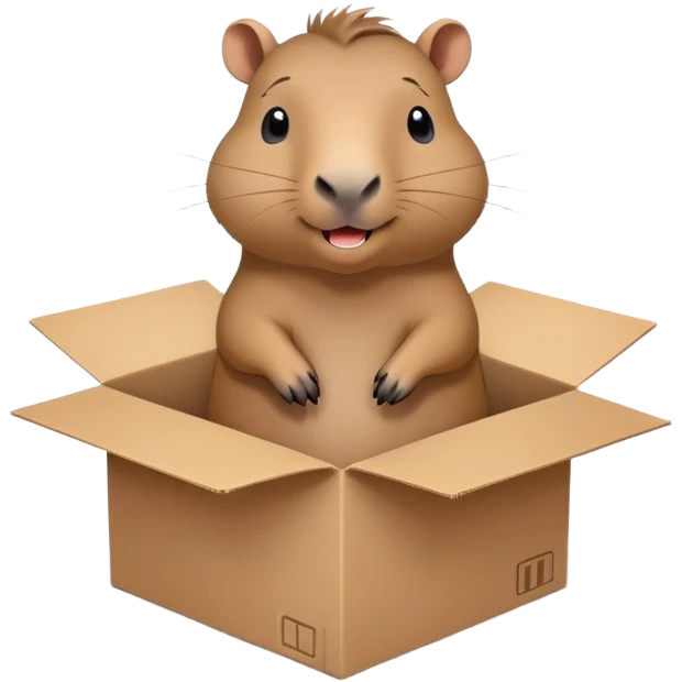 A very cute gery young happy Kapibala with one's head tilted to one side poked its paws out of the cardboard big box and placed them on top of it emoji