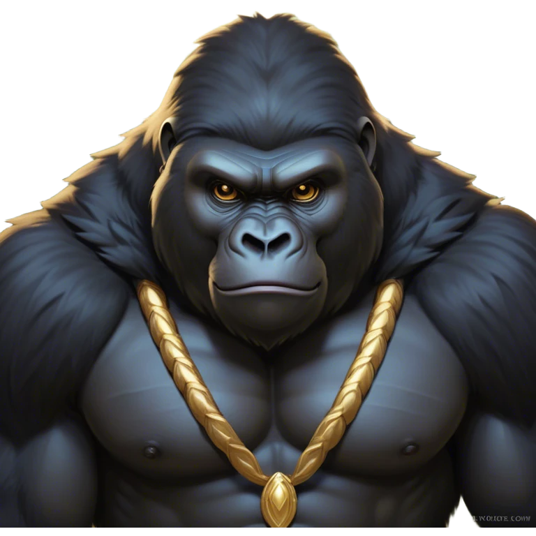 Cinematic Noble Gorilla Portrait Emoji, Poised and commanding, with a massive, muscular build cloaked in dense, rich fur and deep, soulful eyes, Simplified yet sharp and sophisticated features, highly detailed, glowing with a soft, dignified jungle glow, high shine, intelligent and formidable, stylized with an air of primate majesty, focused and authoritative, soft glowing outline, capturing the essence of a watchful guardian that feels as though it could step out of the screen with effortless authority! emoji