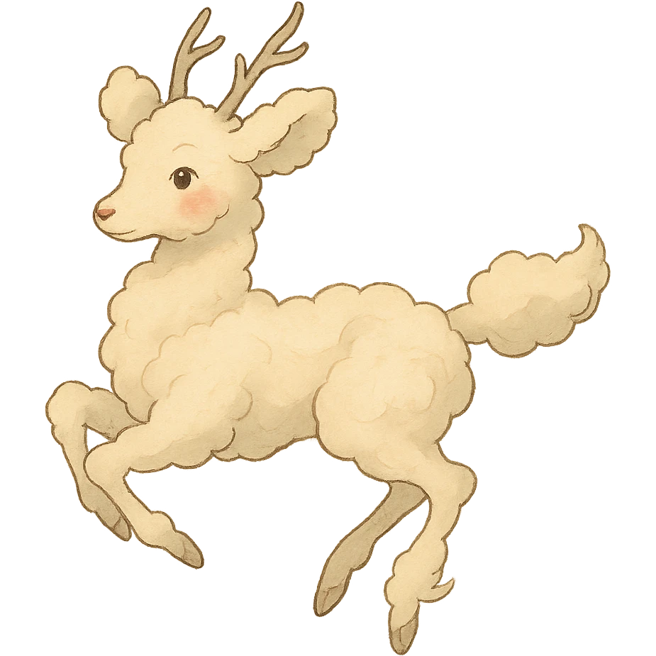 vanilla-colored cloud doe with rosy cheeks, floating gracefully with witch-like grace, Ghibli style emoji