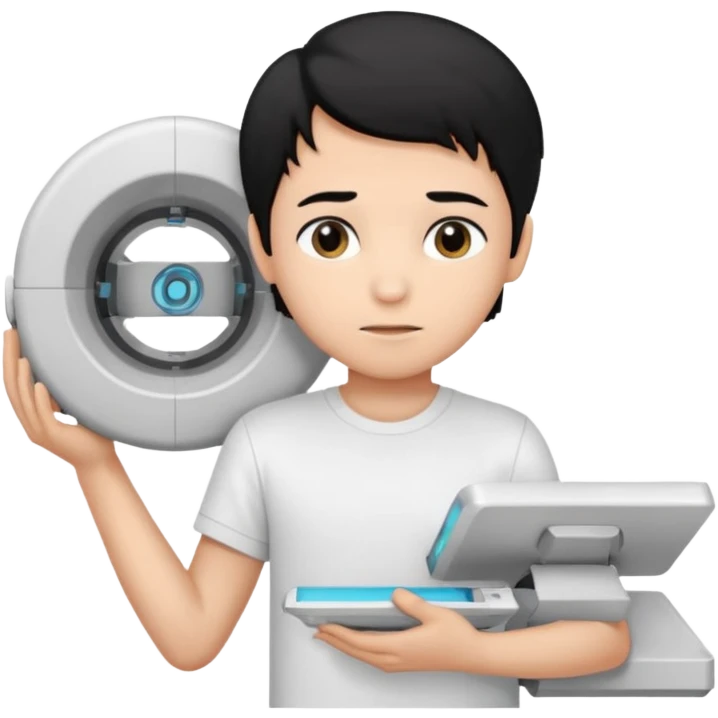 generate a pretty bratz emoji of a boy with black hair wearing a white tshirt and holding a cT emoji