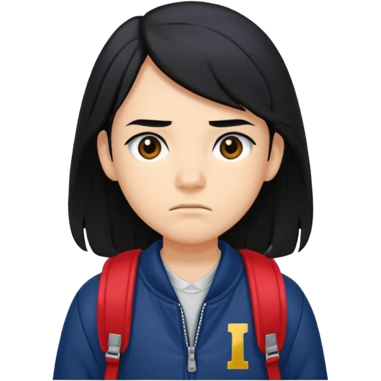 college student with annoyed face , black hair , with navy varsity jacket( initial I)  and  and backpack , girl, long hair,  emoji