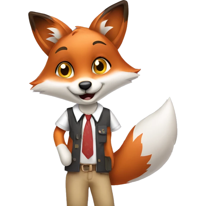  Happy fox in a shirt. She stands and uses her favourite app in the phone, and she stares in the phone emoji
