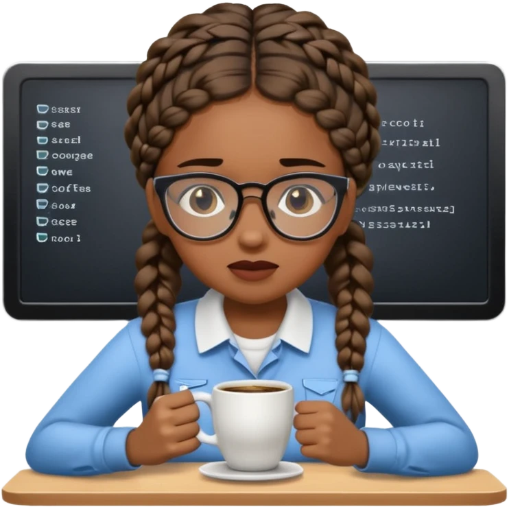 Make a black female software engineer with glasses  and braids coding, crying and drinking coffee. Should be crying  emoji