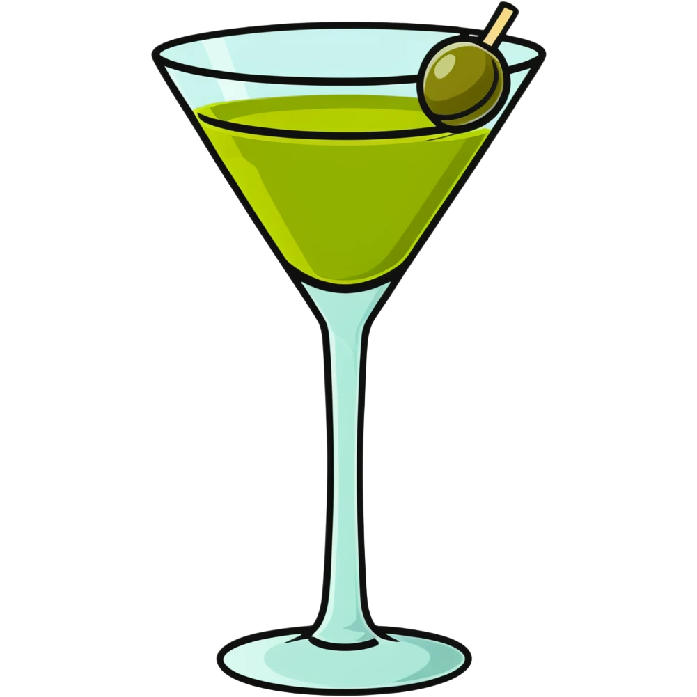 classic cocktail glass with perfectly clear colorless liquid like pure water, completely transparent with no tint, containing a green olive speared on a toothpick at the bottom emoji
