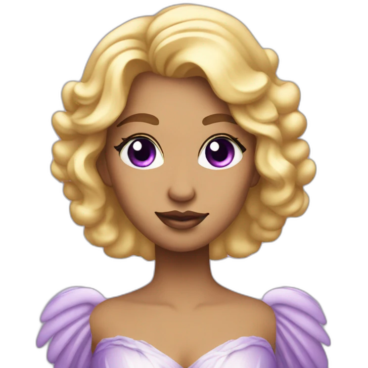 An angelic woman in a fancy purple dress, with purple eye shadow, long blonde hair, and wrinkles on her face emoji