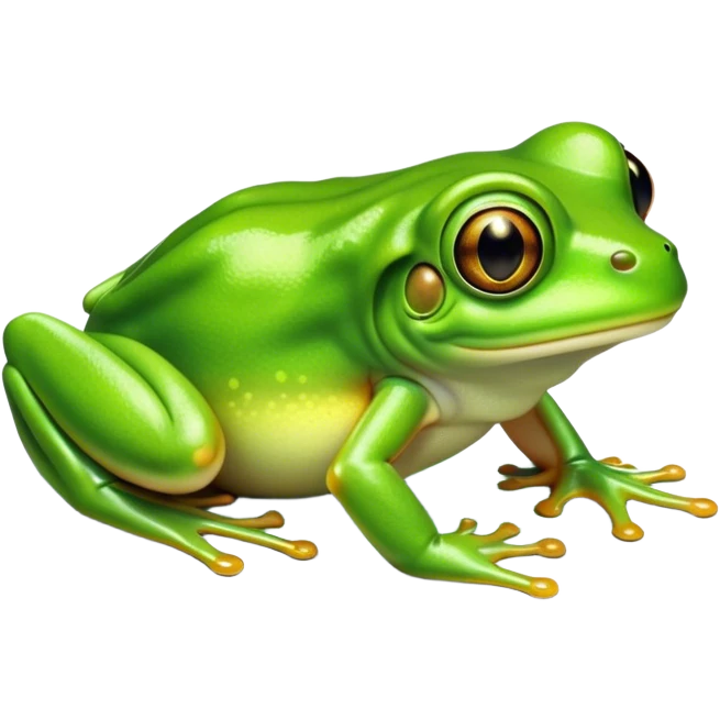 Cinematic Noble Green Tree Frog Portrait Emoji, Poised and alert, with a compact, vibrant body clad in bright, glossy green skin accented by delicate, sticky toe pads and large, bulging, observant eyes, Simplified yet sharp and sophisticated features, highly detailed, glowing with a soft, verdant luminescence, high shine, intelligent and sprightly, stylized with an air of tropical elegance, focused and attentive, soft glowing outline, capturing the essence of a watchful and confident amphibian that appears ready to leap out of the screen with effortless agility! emoji