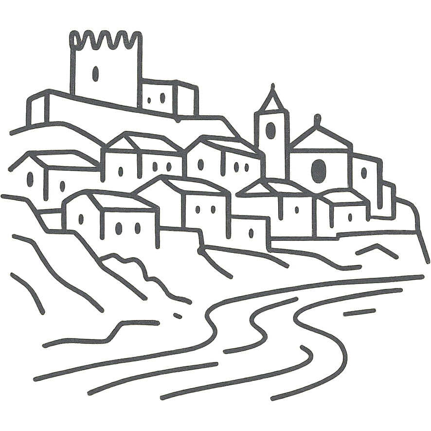 hand drawn outline icon of Mértola with castle and river emoji