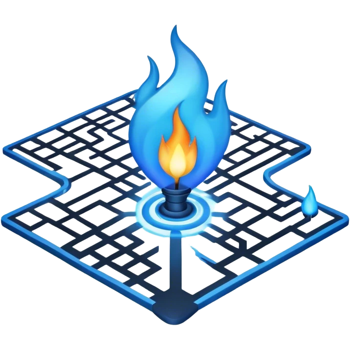 a map with a glowing blue flame on the x and networking paths emoji