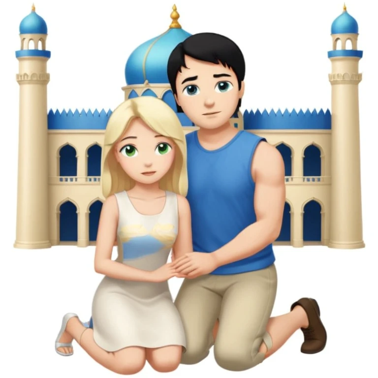 Man as king, black Hair, blue eyes, woman, blonde, green eyes, shott white sleveless Dress, kneeling, background palace emoji