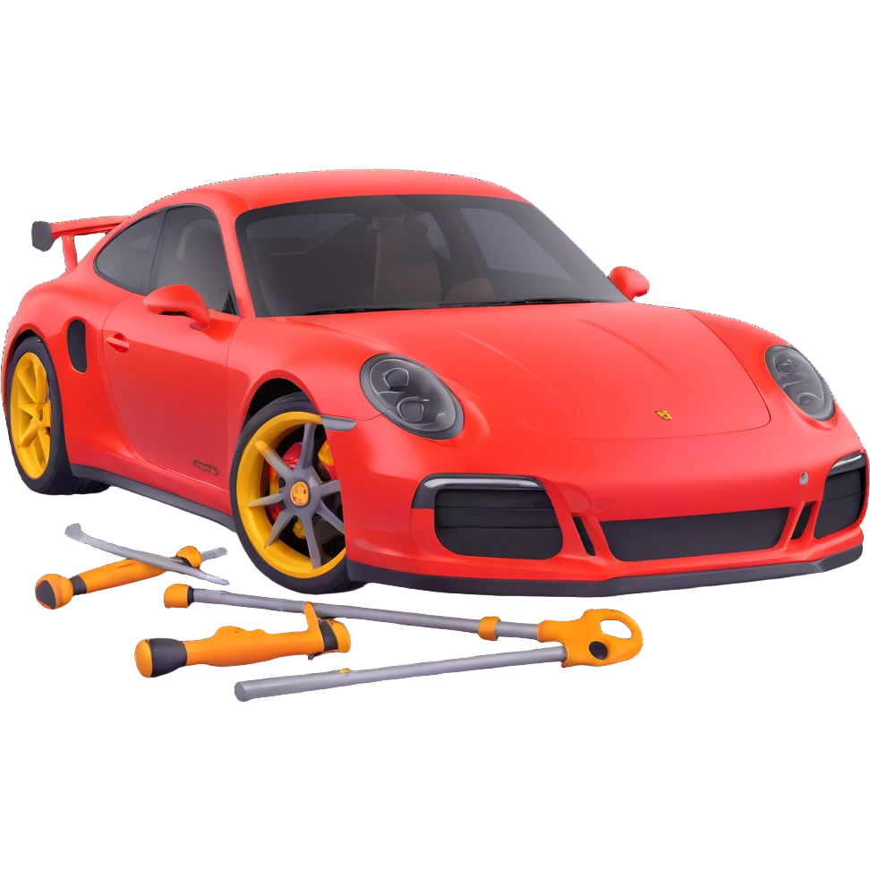 luxury Porsche car with a clearly visible dent on the bodywork, specific paintless dent repair tools such as rods, levers, and small hammers positioned to show active repair, elegant and modern emoji