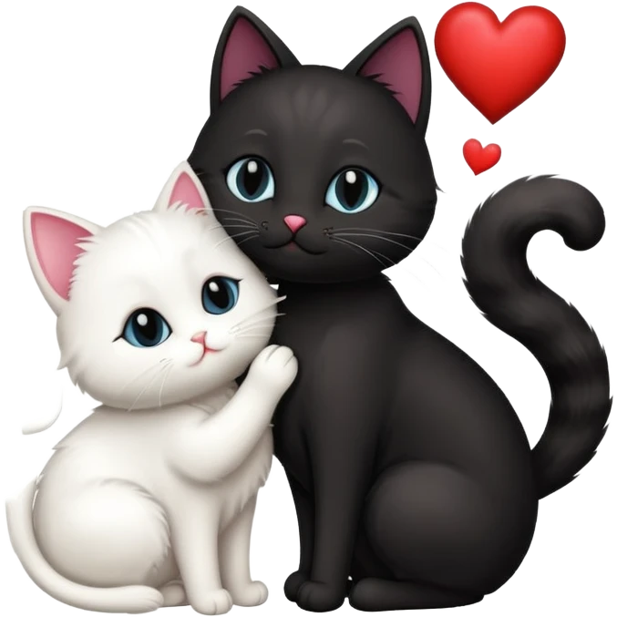 Big black cat is kissing a small white cat with hearts above  emoji