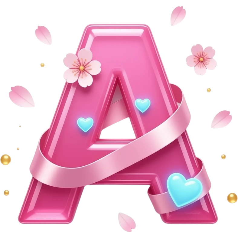 A sleek, glowing hot pink letter 'A' adorned with satin ribbons and glowing neon-blue hearts. Surrounded by floating cherry blossom petals and golden bokeh. Vibrant, modern, and feminine with a cinematic glow emoji