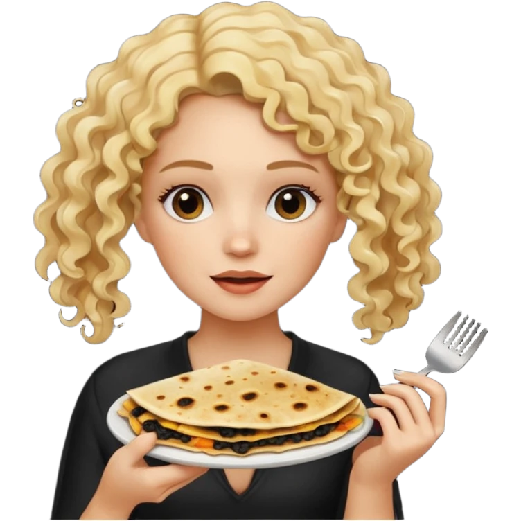 mujer con pelo rubio rizado comiendo quesadillas quemadas negras  emoji