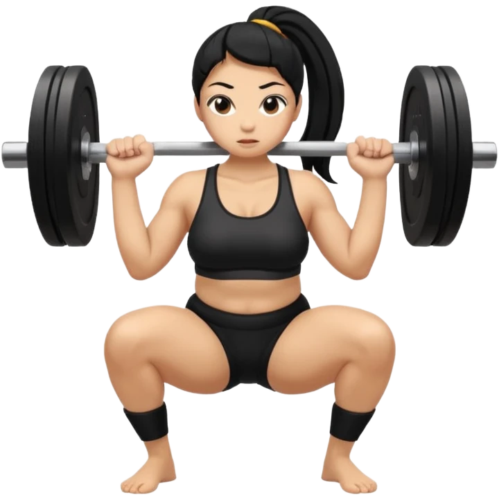Women with long black ponytail doing a sumo squat with no weights or barbells emoji