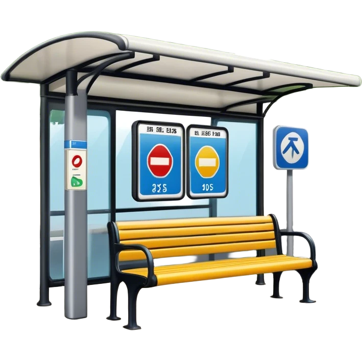 A bus stop with a shelter, a bench, and a signpost displaying the bus route information emoji