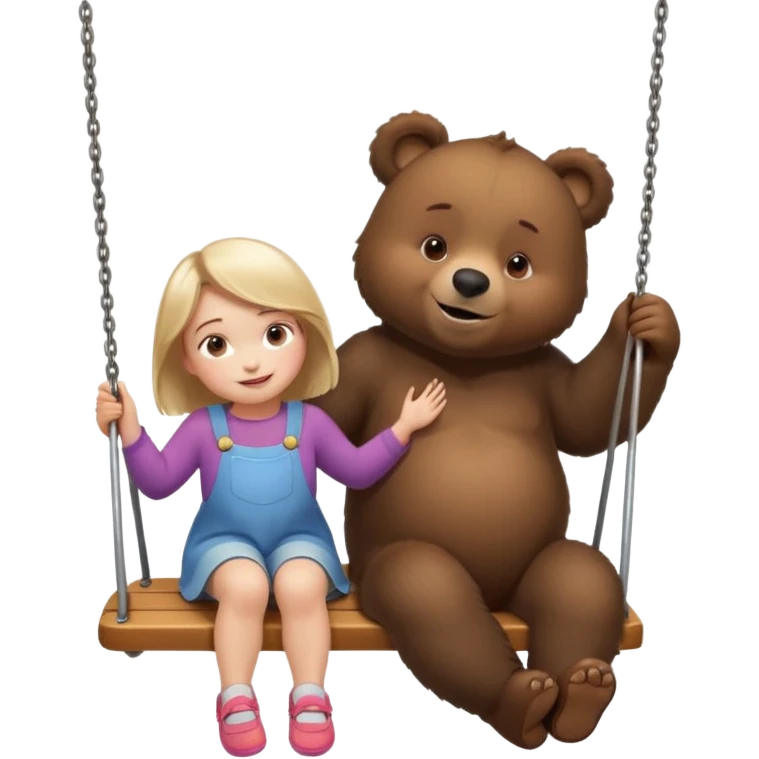 Create a 3D animated scene in the style of a children's cartoon. A small girl similar to Masha is sitting on a swing, smiling happily. A big friendly bear stands behind her gently pushing the swing. Bright colorful forest background, soft lighting, warm and playful mood." emoji