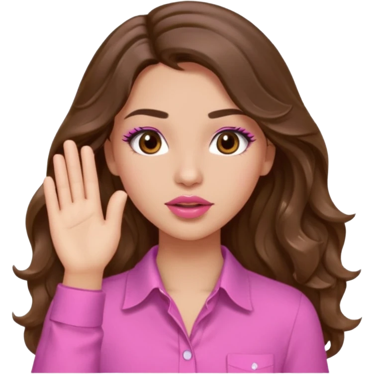girl with long wavy brown hair, brown eyes, light to medium complexion, in a pink shirt, pink lips, long lashes, puckered lips, both hands in teh air emoji
