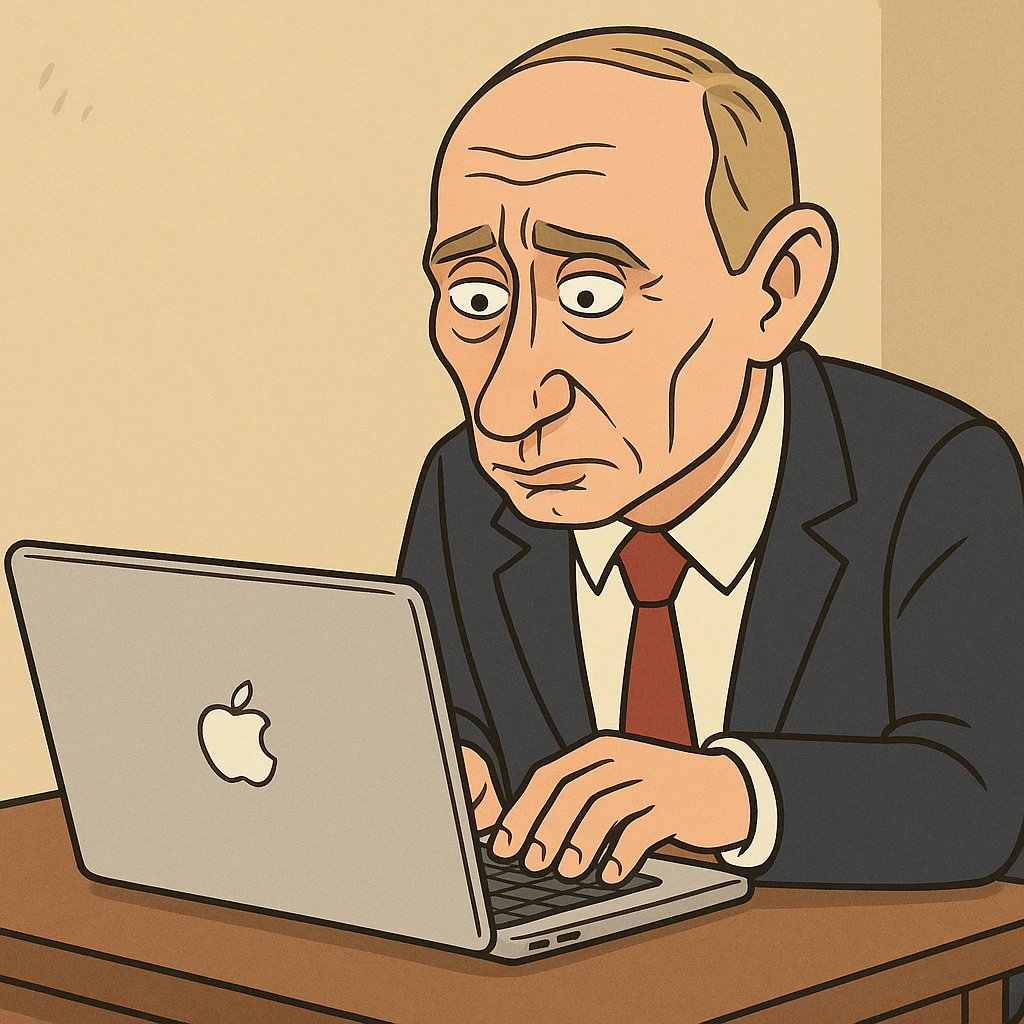 Vladimir Putin typing on a MacBook with exaggerated features emoji