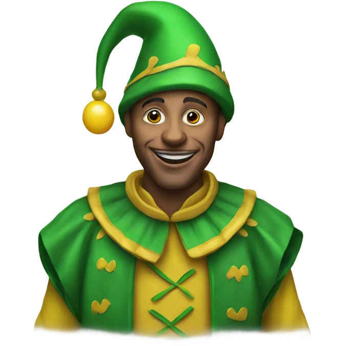 A traditional jester who is wearing green and yellow emoji