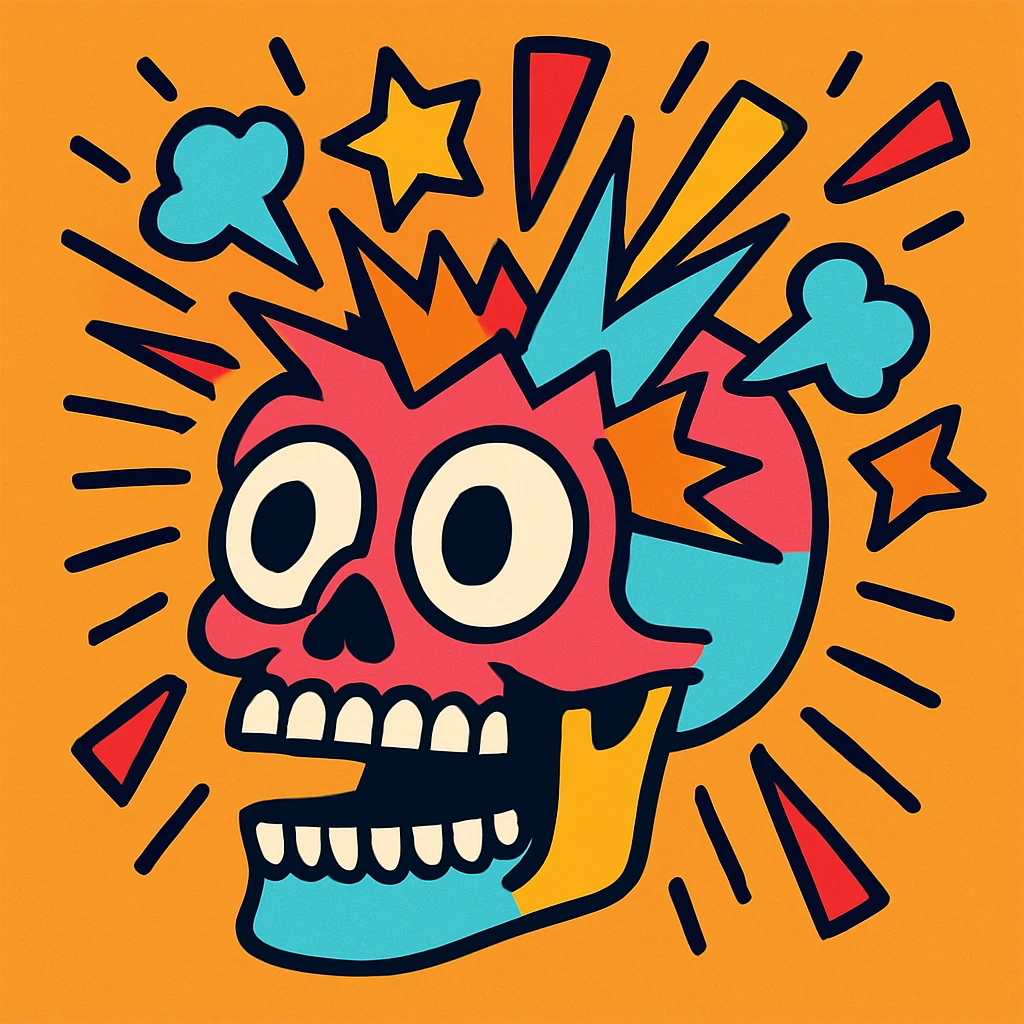 skull with mind blown effect, cartoonish, bold and colorful style emoji