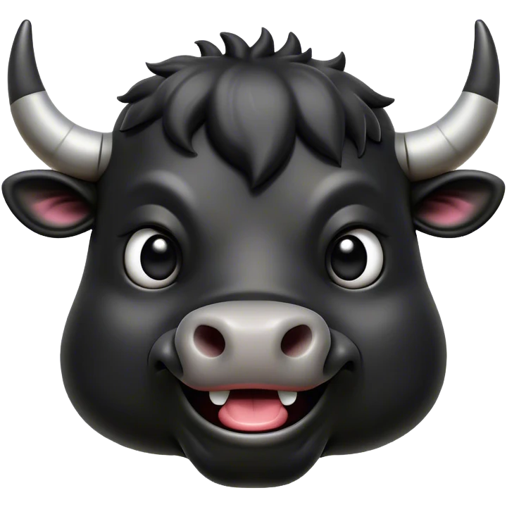 Cinematic Comical Black Bull Portrait Emoji, Head tilted dramatically with an exaggeratedly amused expression, featuring a striking, glossy black hide with a bold natural sheen, wide, expressive dark eyes filled with playful disbelief, Simplified yet hilariously expressive features, highly detailed, glowing with a slightly sassy glow, high shine, dramatic yet playful, stylized with an air of cheeky mischief, bright and endearing, soft glowing outline, capturing the essence of a spirited and over-the-top bull, so meme-worthy it feels like it could charge its way into internet fame instantly! emoji