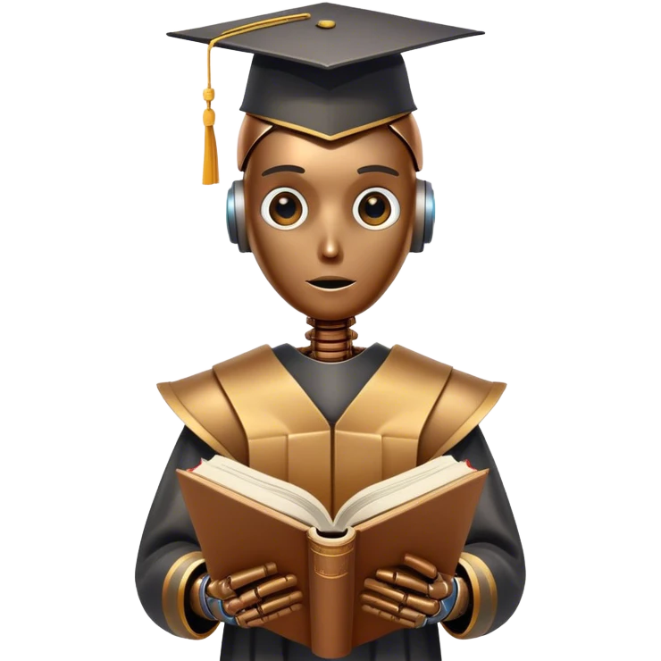 android looking robot reading a big book with graduation head emoji