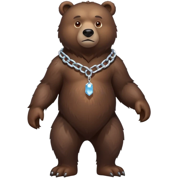 Dark brown bear in a slight walking pose, full body view on all four legs, realistic fur detail, serious expression, ice chain around neck emoji