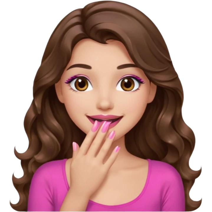 girl with long wavy brown hair, brown eyes, long lashes makeup, pink lips, light to medium complexion, pink sexy top, smiling, hand covering the mouth, giggling emoji