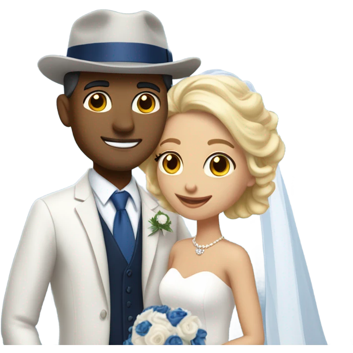 Puerto rican beard short hair with blue hat and navy blue suit getting Married with blond long hair girl with white  wedding dress  emoji