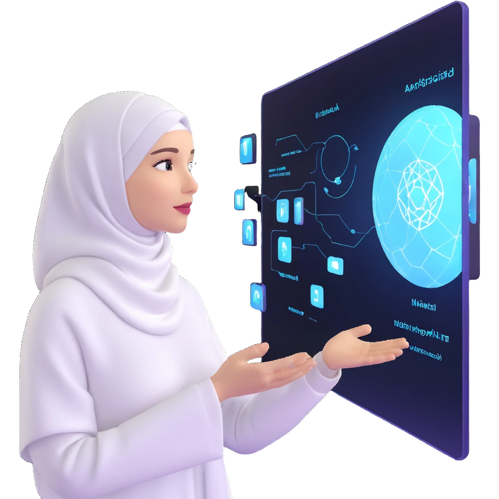woman with white hijab interacting with holographic metaverse interfaces, augmented reality displays, virtual machine artifacts, digital world emoji