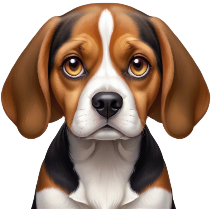 Cinematic Grumpy Beagle Portrait Emoji, Head tilted slightly with a deeply unimpressed expression, featuring a thick tri-color coat of white, brown, and black, large, droopy hazel eyes narrowed into an unamused glare, floppy ears slightly drooping in exasperation, Simplified yet comically expressive features, highly detailed, glowing with a dry, sarcastic glow, high shine, effortlessly judgmental yet dignified, stylized with a touch of cynicism, bright but brooding, soft glowing outline, capturing the essence of an eternally unimpressed yet endearing companion, so lifelike it feels like it could sigh heavily at you in disdain at any moment! emoji