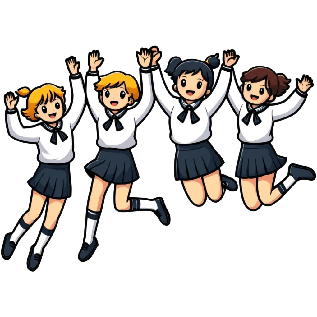 six girls in school uniforms jumping together emoji