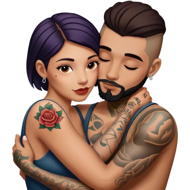 intimate moment between lovers🍈🍉, 👀JetSetFly , photo Realistic sfw pose Couple with tattoos , Tefi Valenzuela emoji