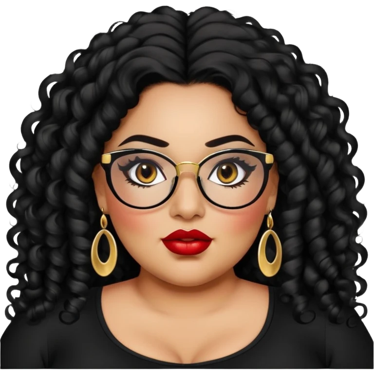 big plus size, latina, darker tan skin, long black curly hair, baddie,pretty, makeup, red lipgloss, black eyeliner, long hair, small gold earrings, black top, black glasses emoji
