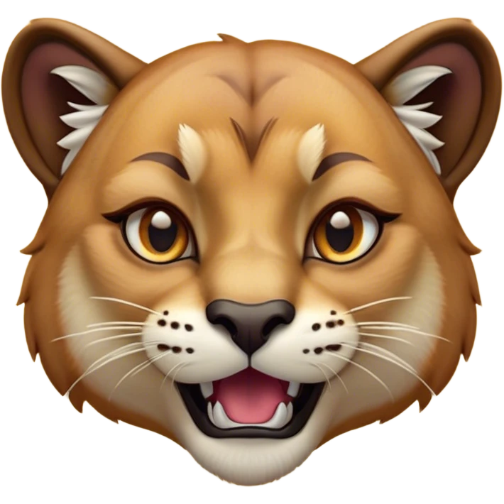 Cinematic Comical Cougar Portrait Emoji, Head tilted dramatically with an exaggeratedly amused expression, featuring a striking tawny Fur with bold dark accents and wide, expressive amber eyes filled with playful disbelief, Simplified yet hilariously expressive features, highly detailed, glowing with a slightly sassy glow, high shine, dramatic yet playful, stylized with an air of cheeky wilderness mischief, bright and endearing, soft glowing outline, capturing the essence of a spirited and over-the-top cougar, so meme-worthy it feels like it could pounce its way into internet fame instantly! emoji